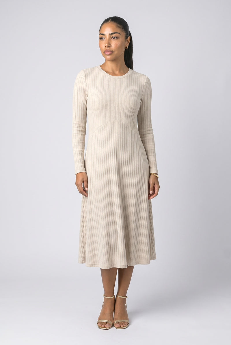 Beige Ribbed A-Line Midi Dress