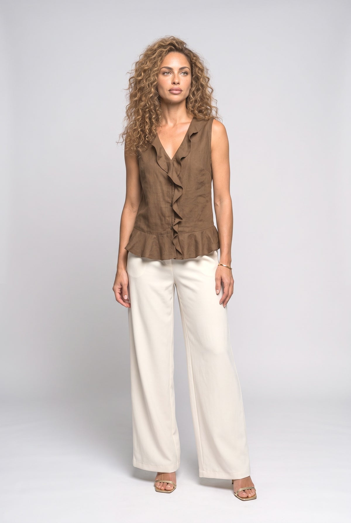 V-Neck Sleeveless Ruffle Blouse