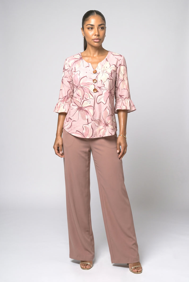 Dusty Pink V-Neck Floral Ruffle Blouse