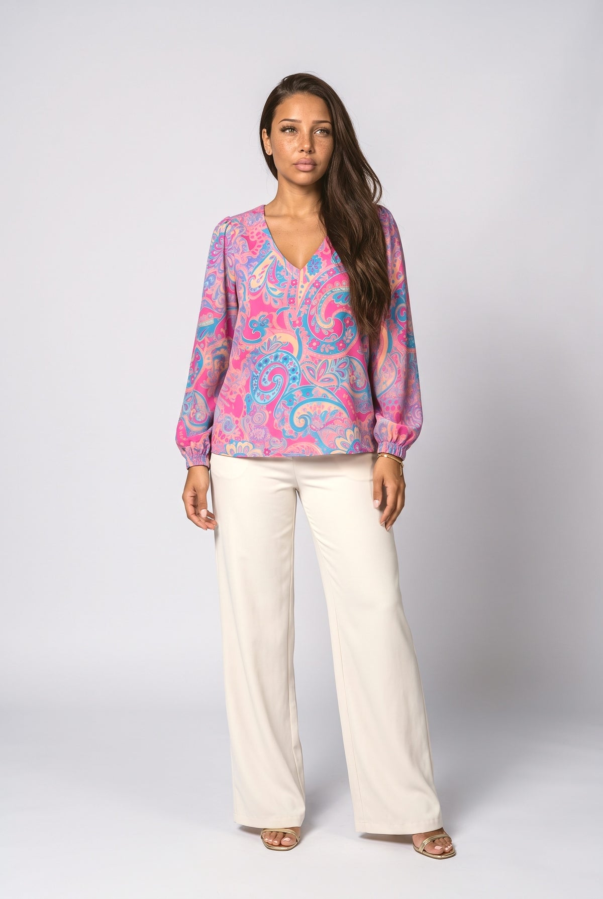 V-Neck Puff Sleeve Relaxed Blouse