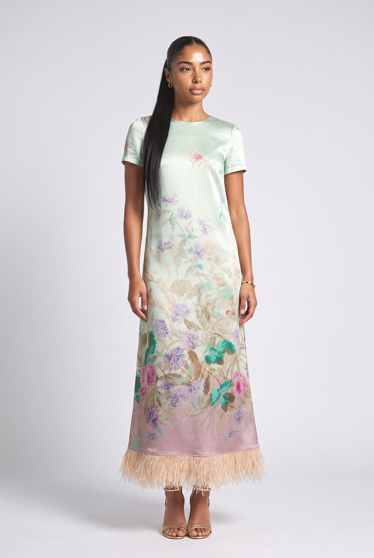 Floral Feather Trim Maxi Dress