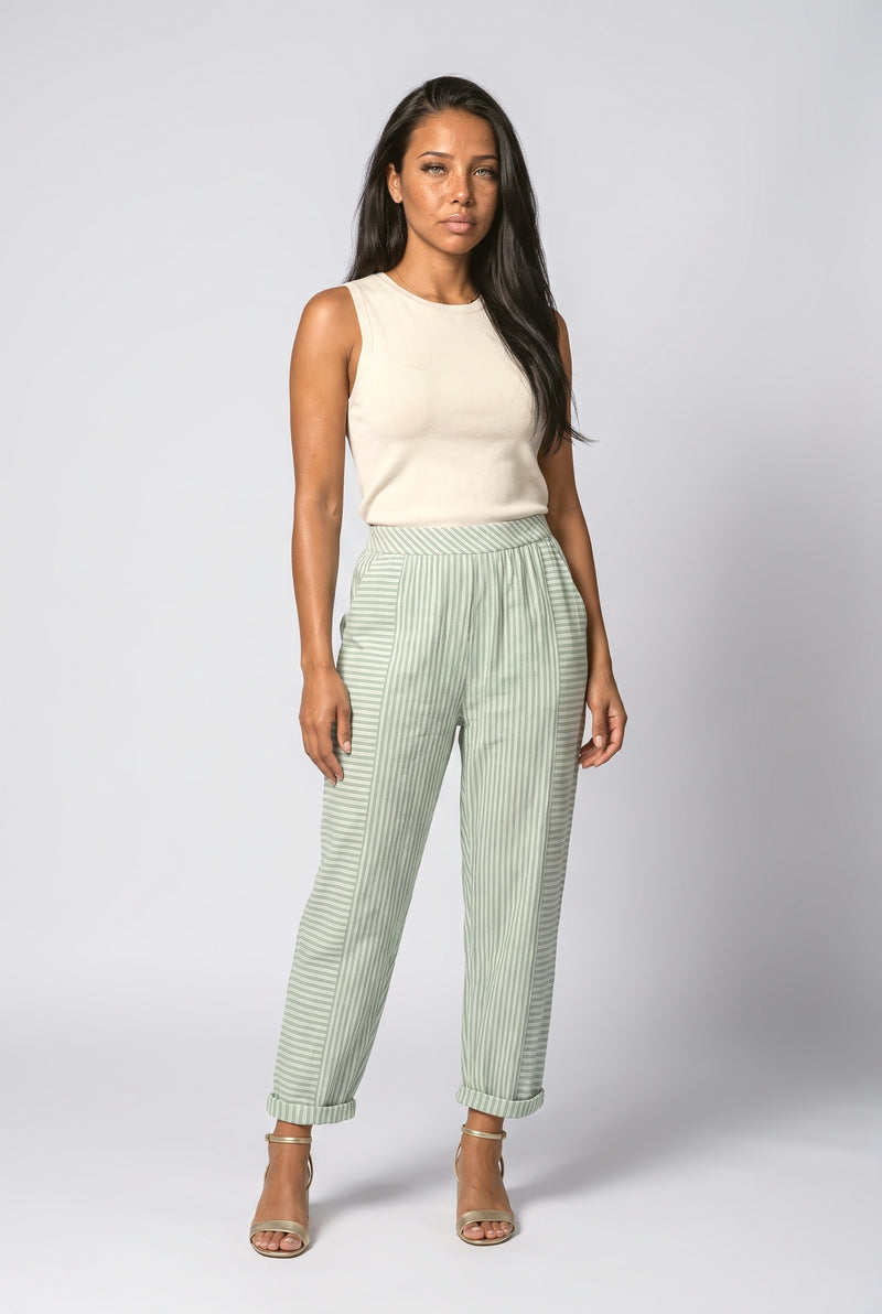 Sage Green Striped Wide Leg Pants
