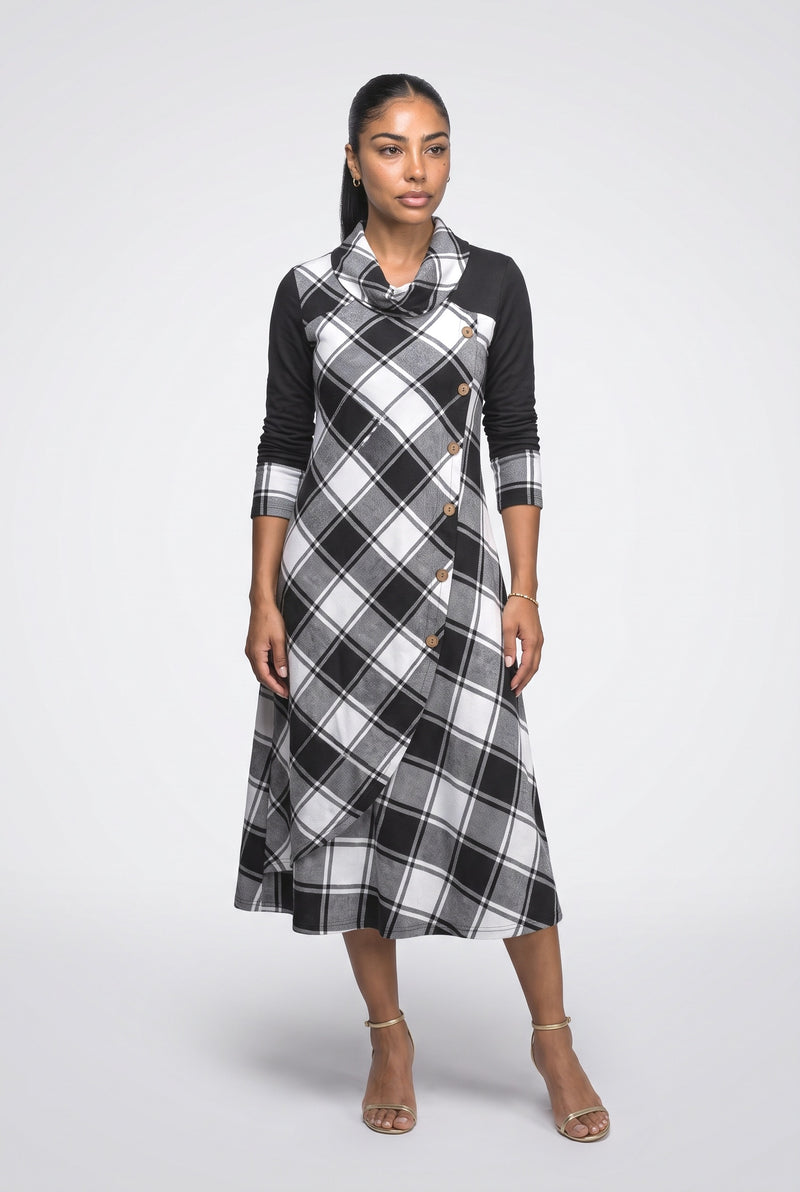 Cowl Neck Plaid Midi Dress