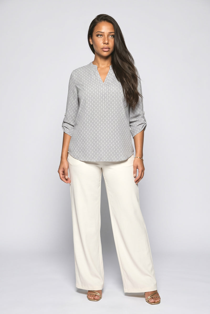 Gray V-Neck Geometric Blouse