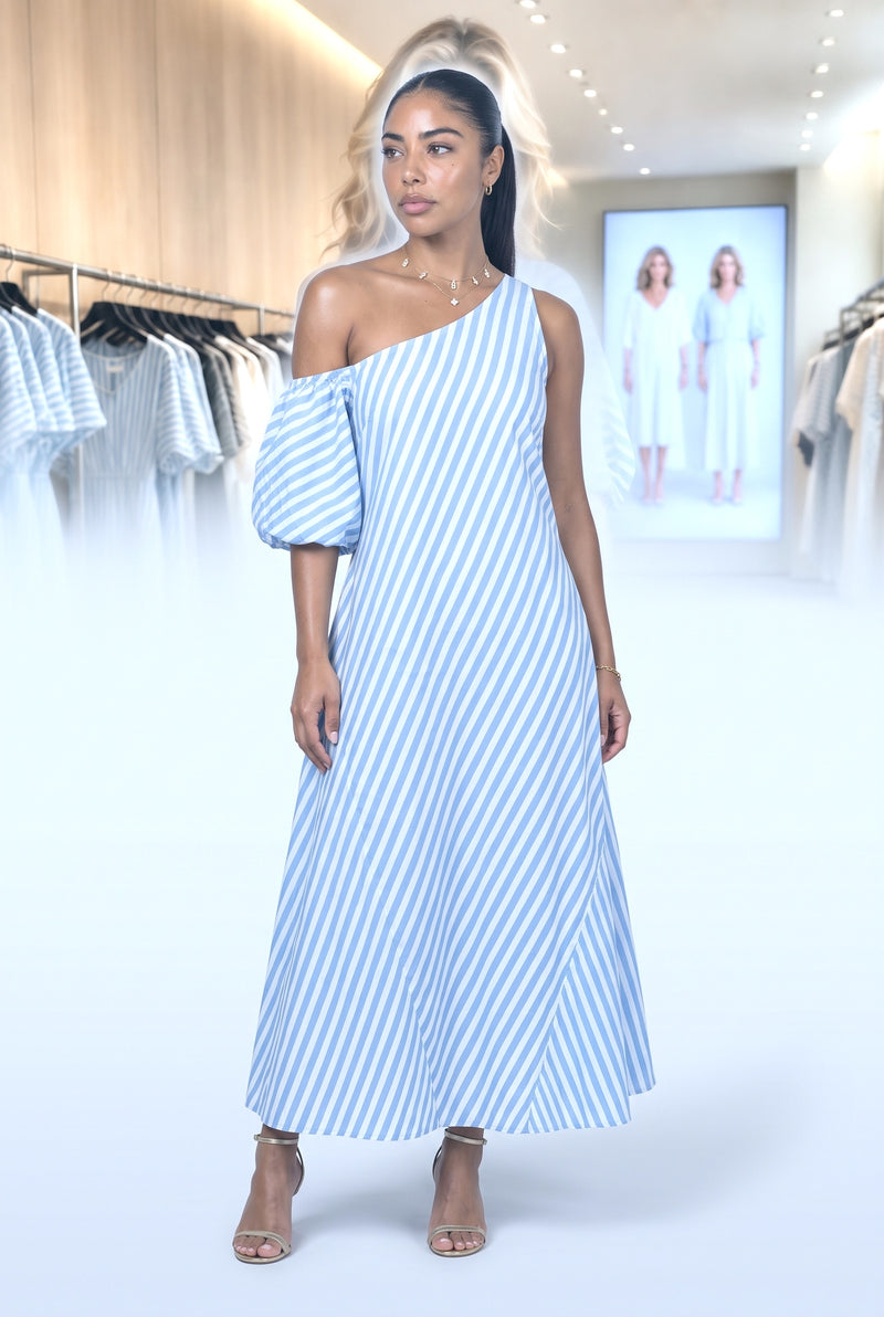 One-Shoulder Striped Puff Sleeve Maxi Dress