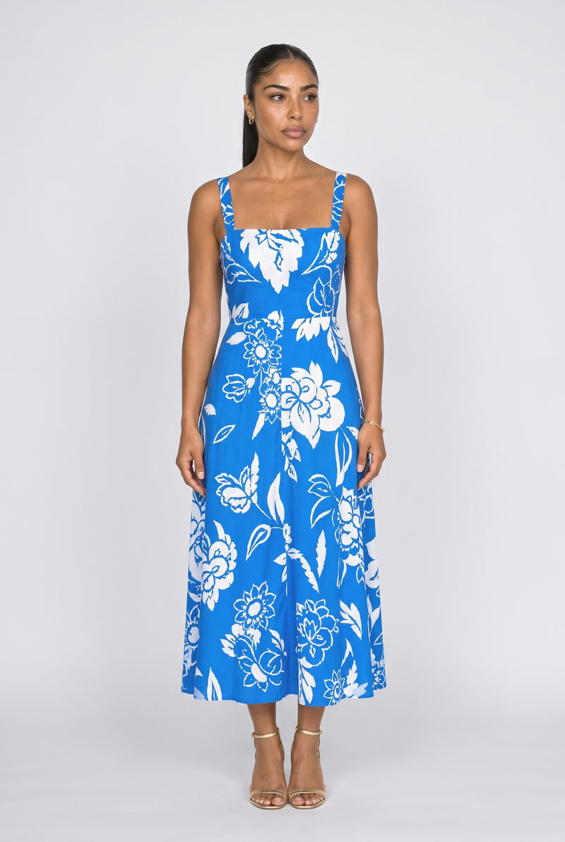 Cobalt Blue Floral Midi Dress