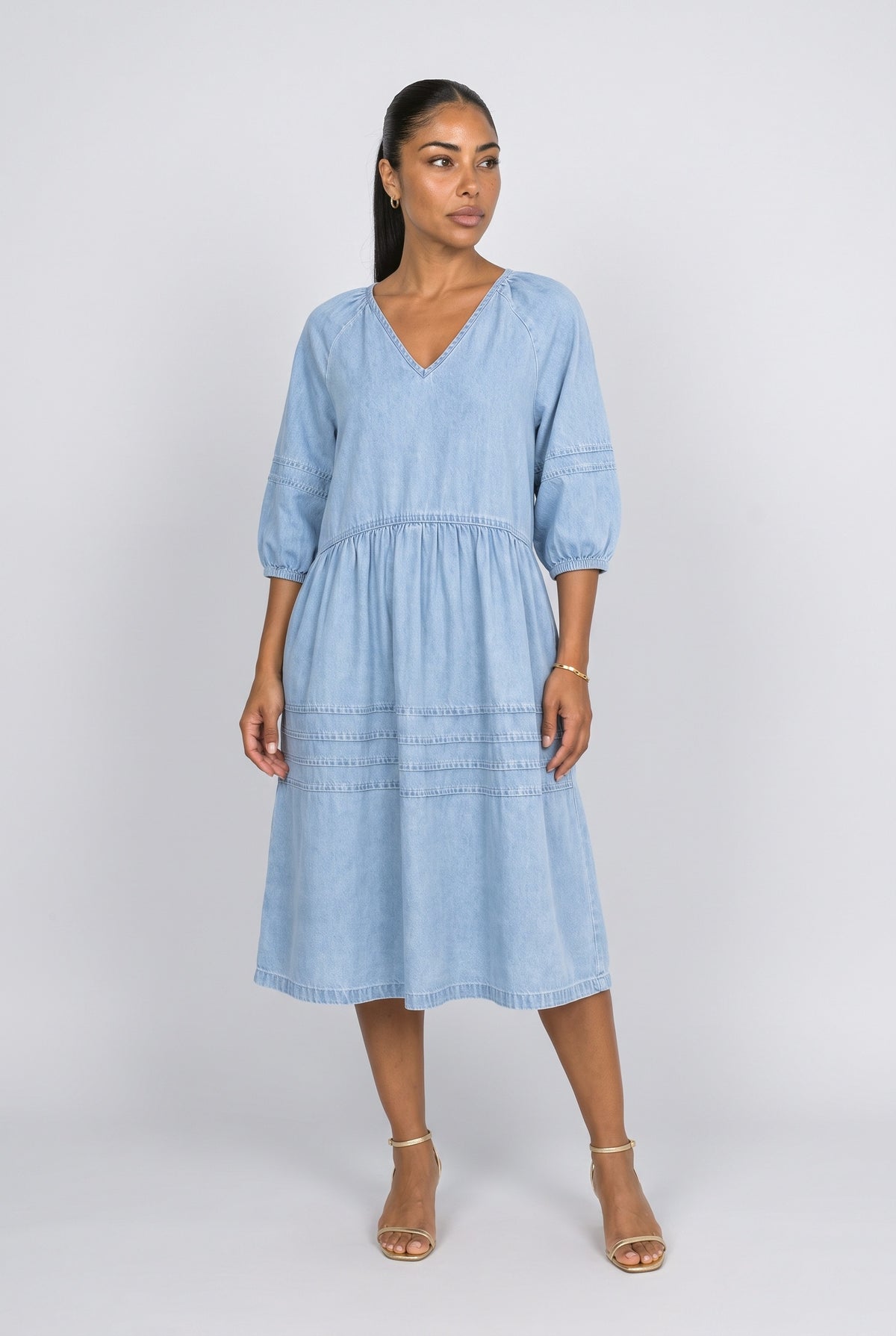 Denim V-Neck Puff Sleeve Midi Dress