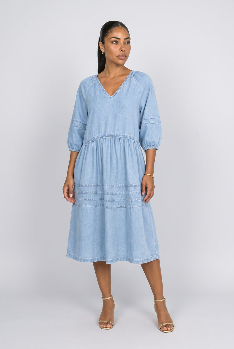 Denim V-Neck Puff Sleeve Midi Dress