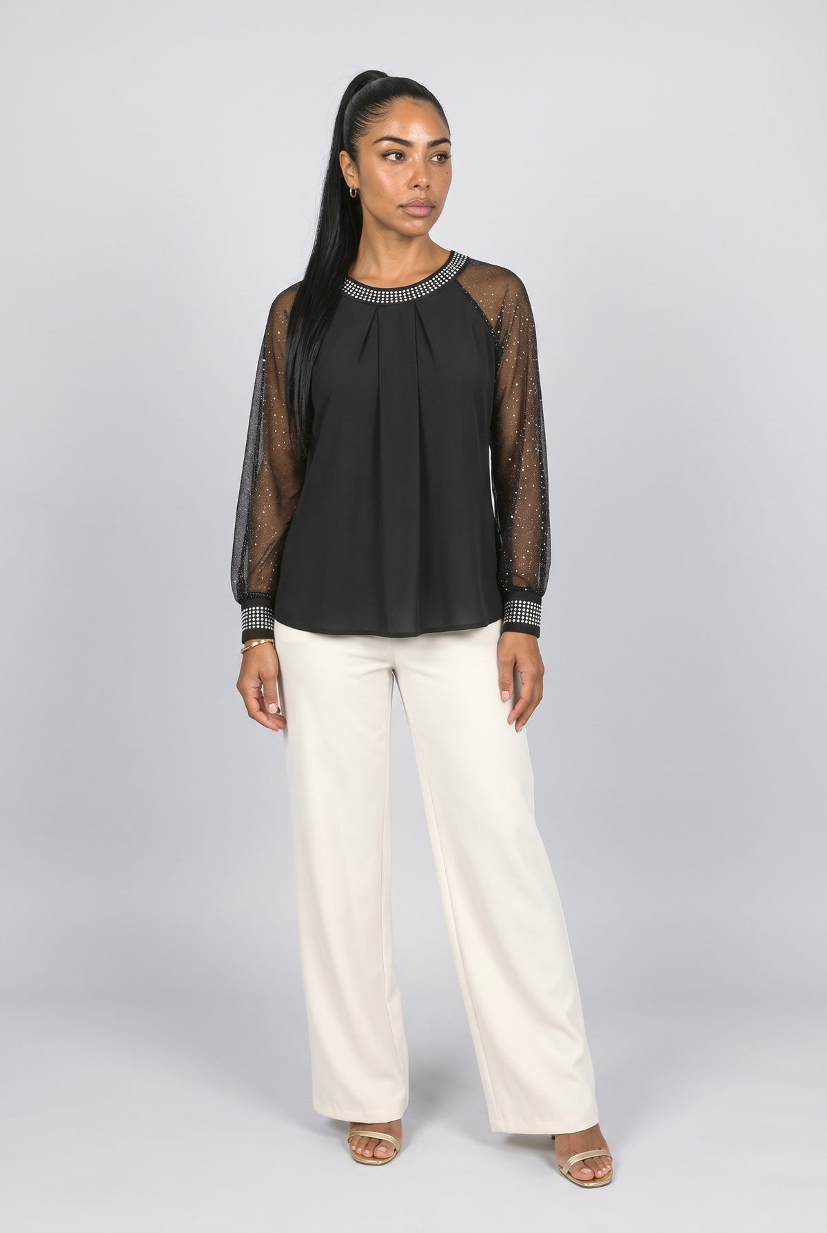 Black Sequin Pleated Blouse, Black