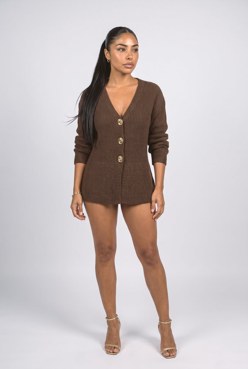 Coffee V-Neck Knit Cardigan