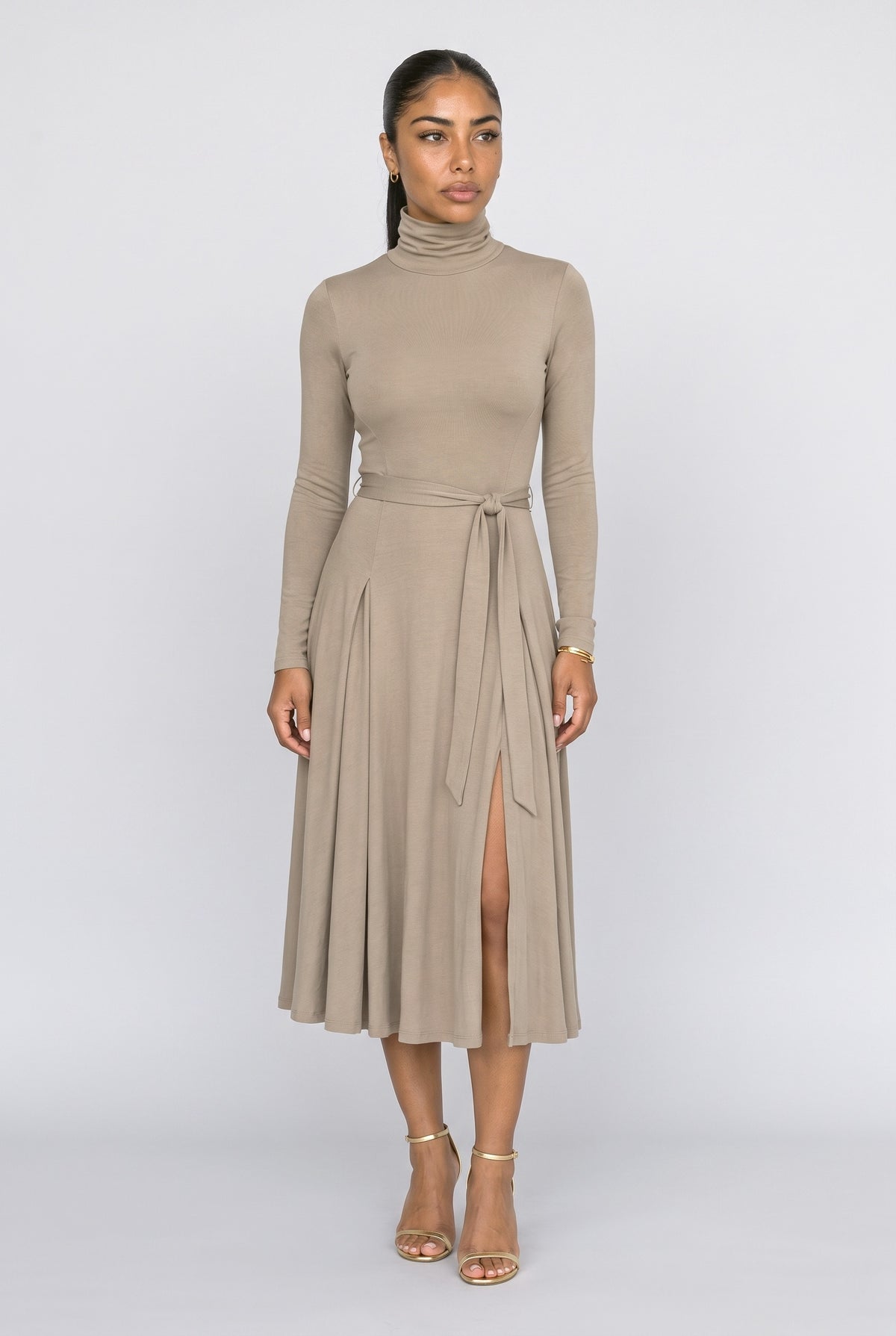 Brown Knit Turtleneck Midi Dress, Taupe