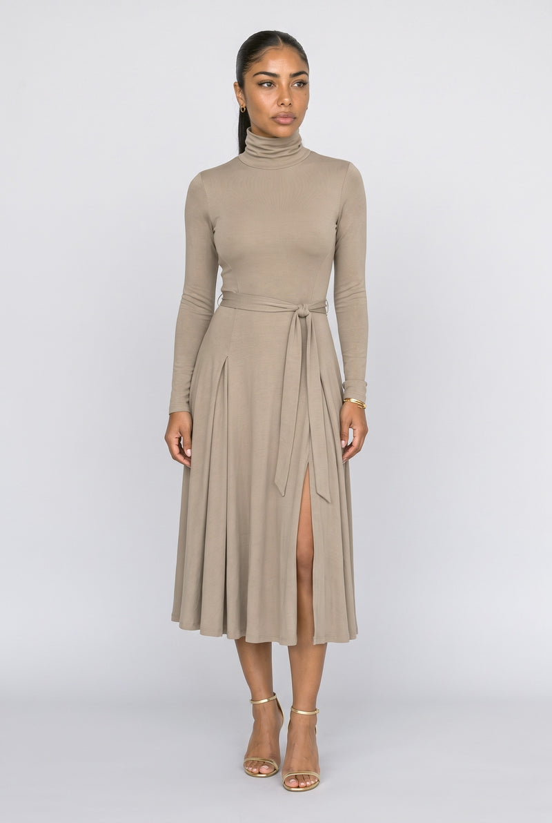 Brown Knit Turtleneck Midi Dress
