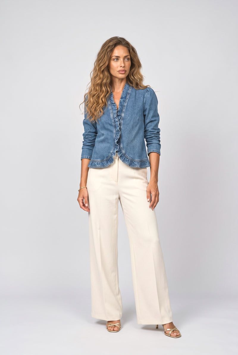 Blue Ruffle-Trim Open-Front Denim Jacket