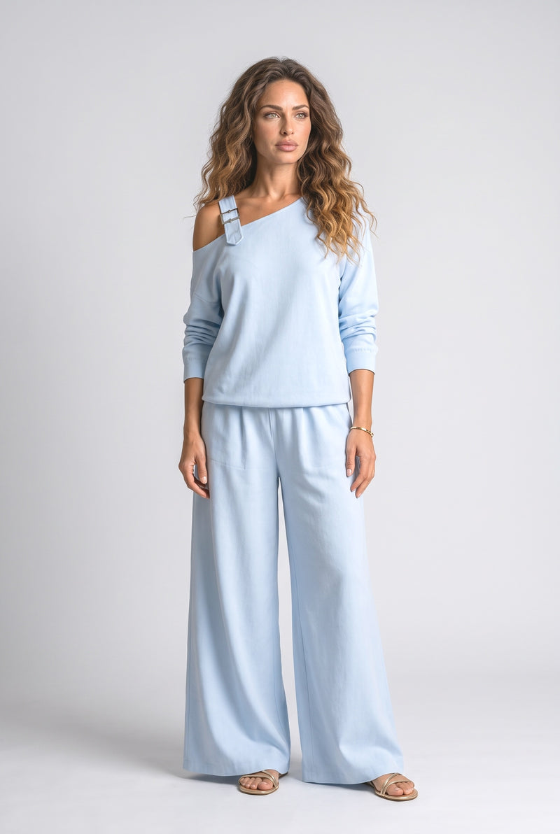 Light Blue One-Shoulder Two Piece Outfit