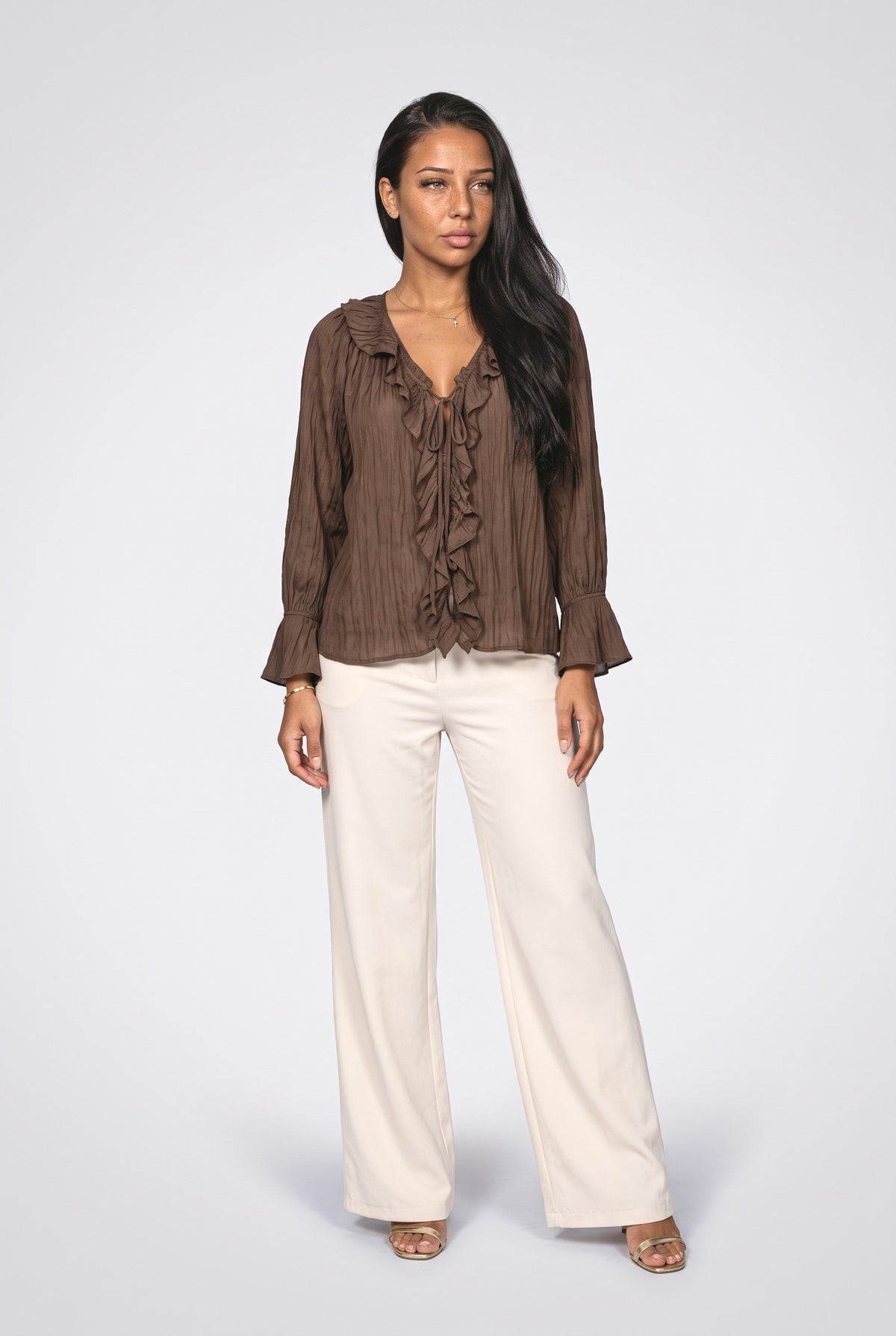 V-Neck Long Sleeve Ruffle Blouse