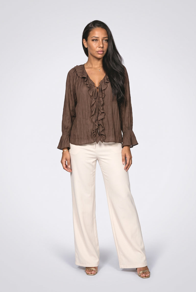 Chocolate Brown V-Neck Long Sleeve Ruffle Blouse