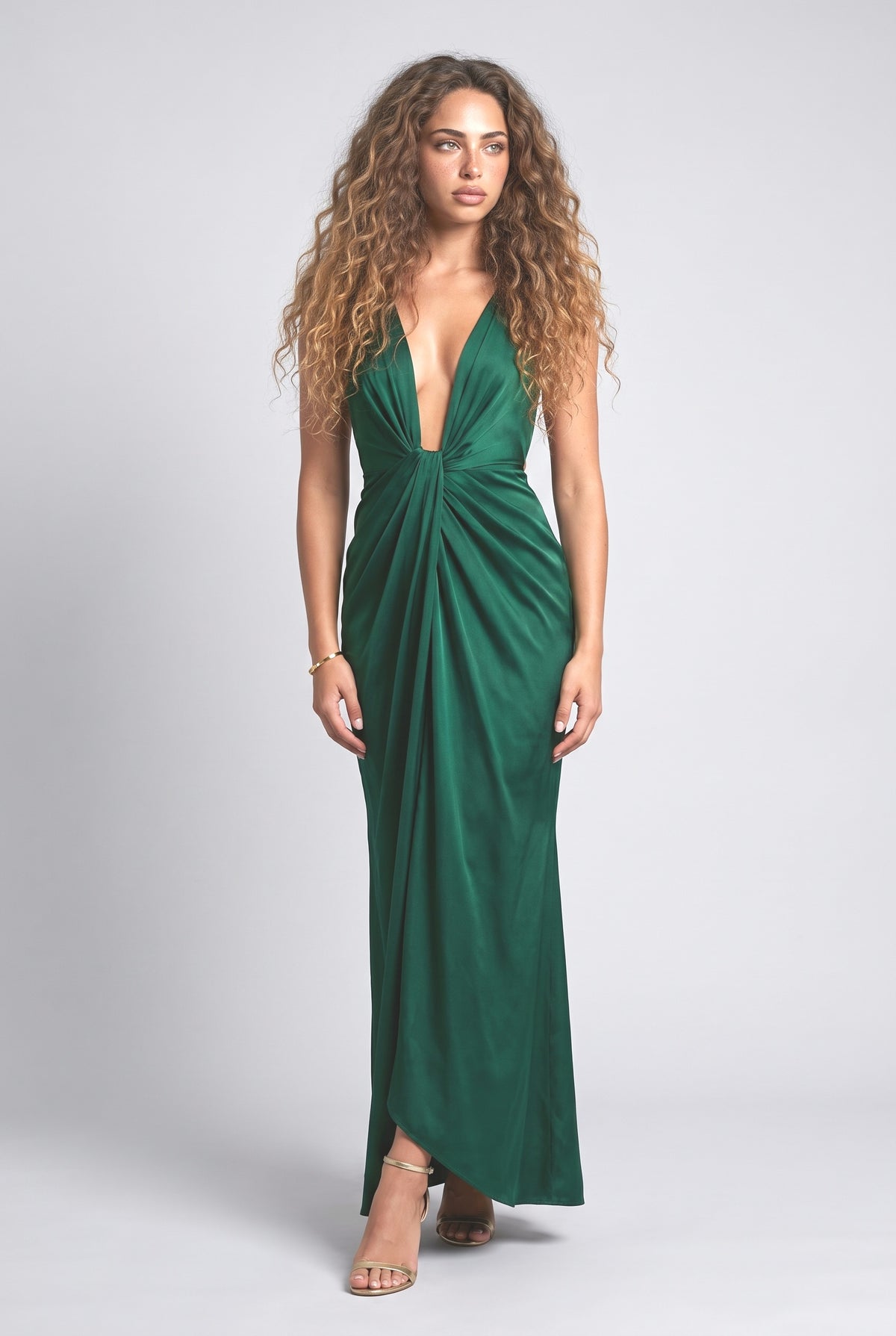 Emerald Green Satin Backless Maxi Dress, Dark Green