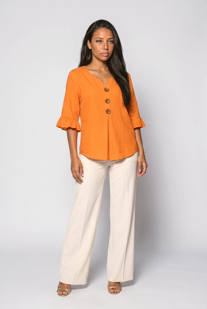 Burnt Orange V-Neck Ruffle Blouse