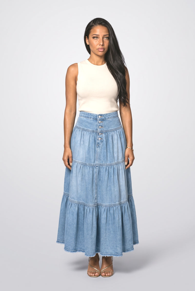 Light Wash Blue Denim Maxi Skirt