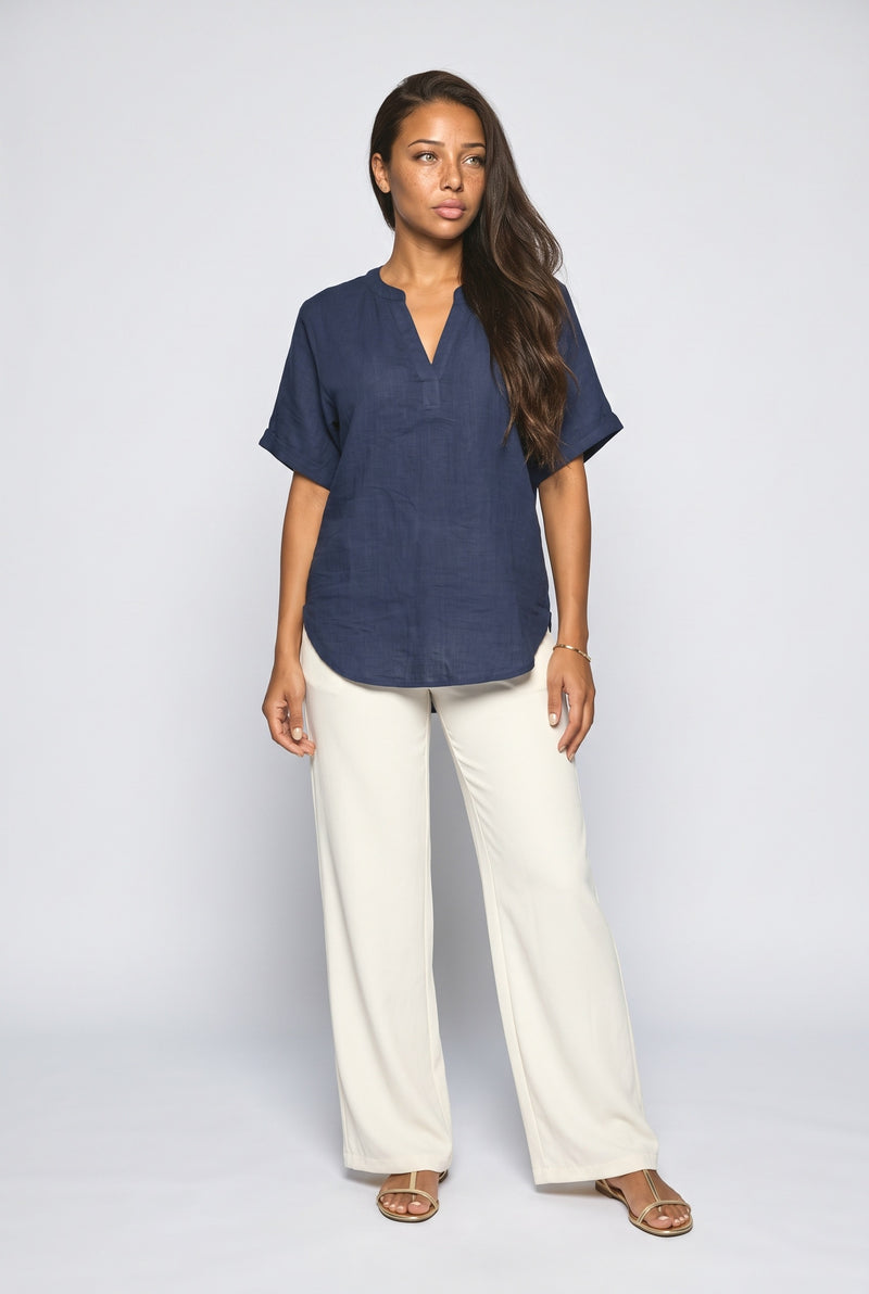 Navy Black V-Neck Blouse