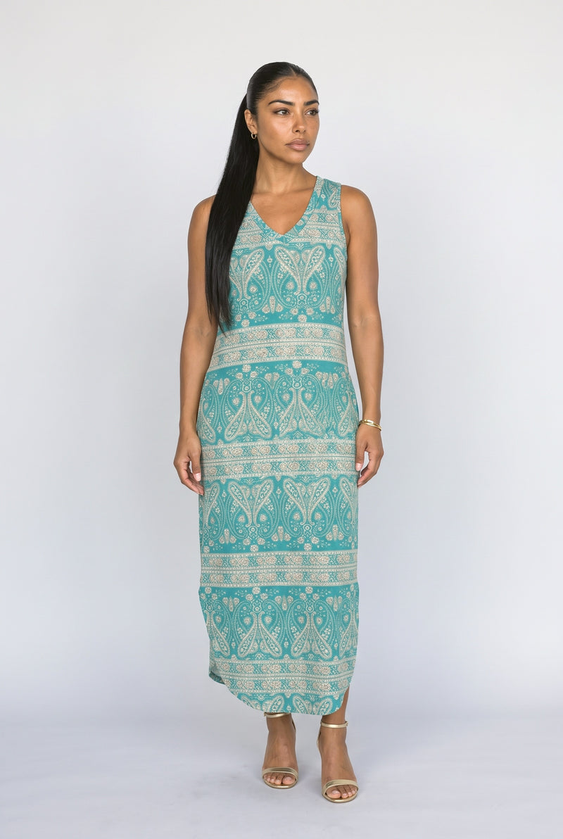Blue Green V-Neck Flowy Maxi Dress