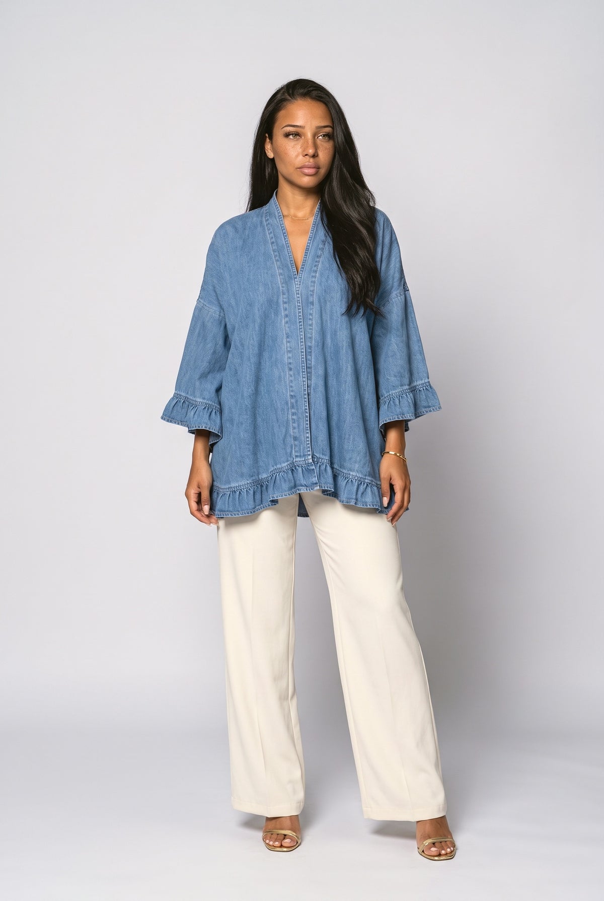 Blue Denim Ruffle Knit Cardigan, Blue