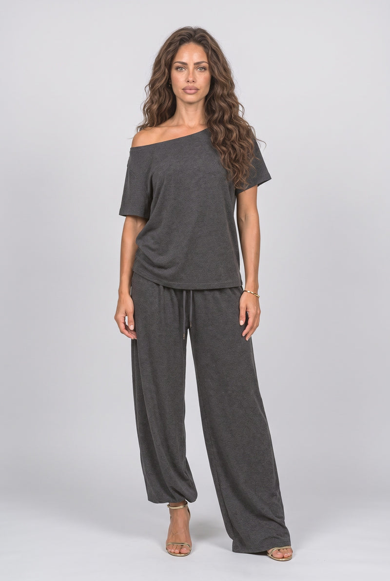 Slate Off-Shoulder Two Piece Outfit
