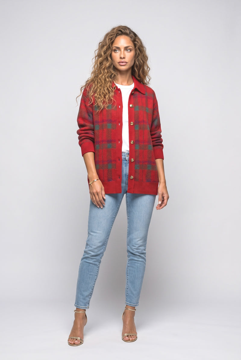 Red Plaid Knit Cardigan
