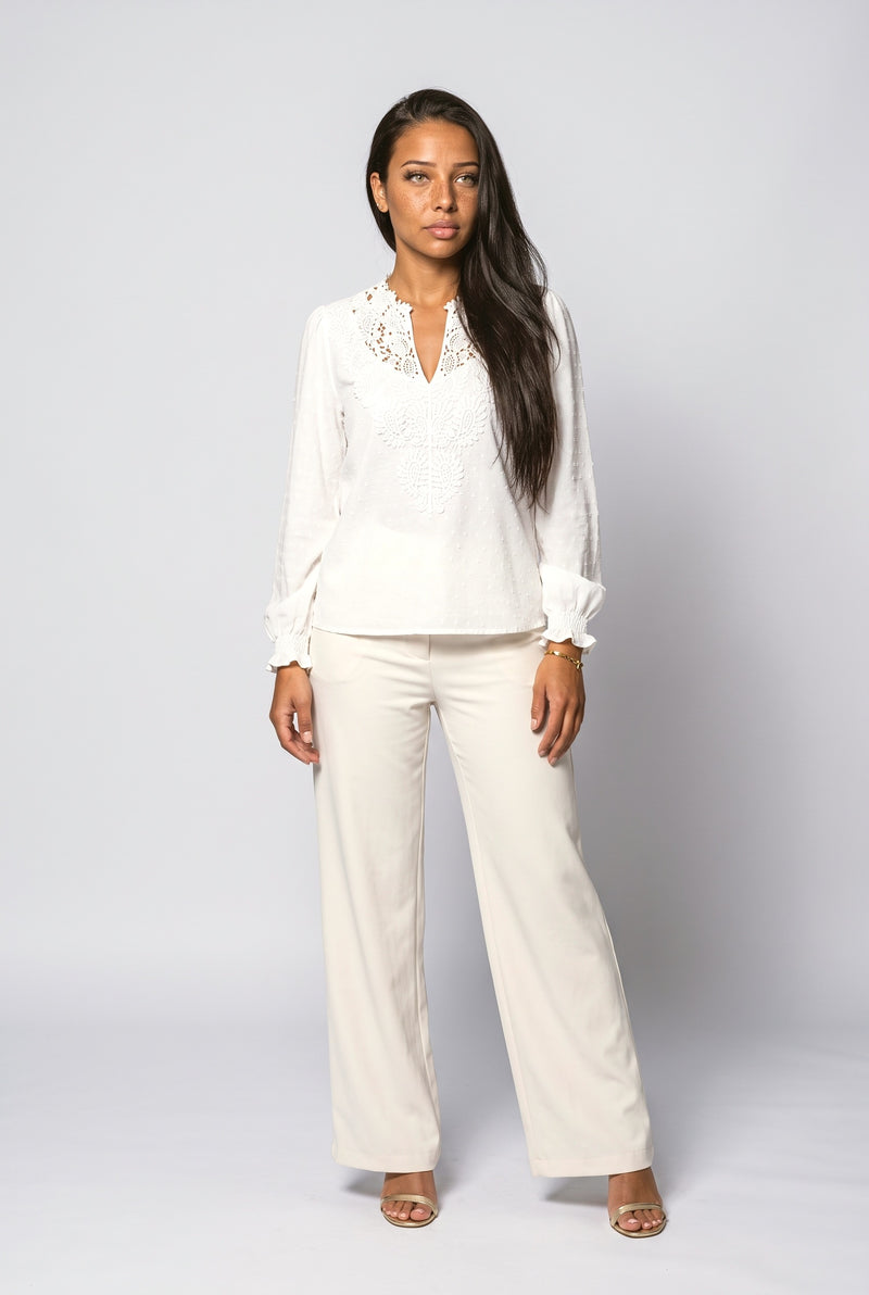 White V-Neck Long Sleeve Blouse
