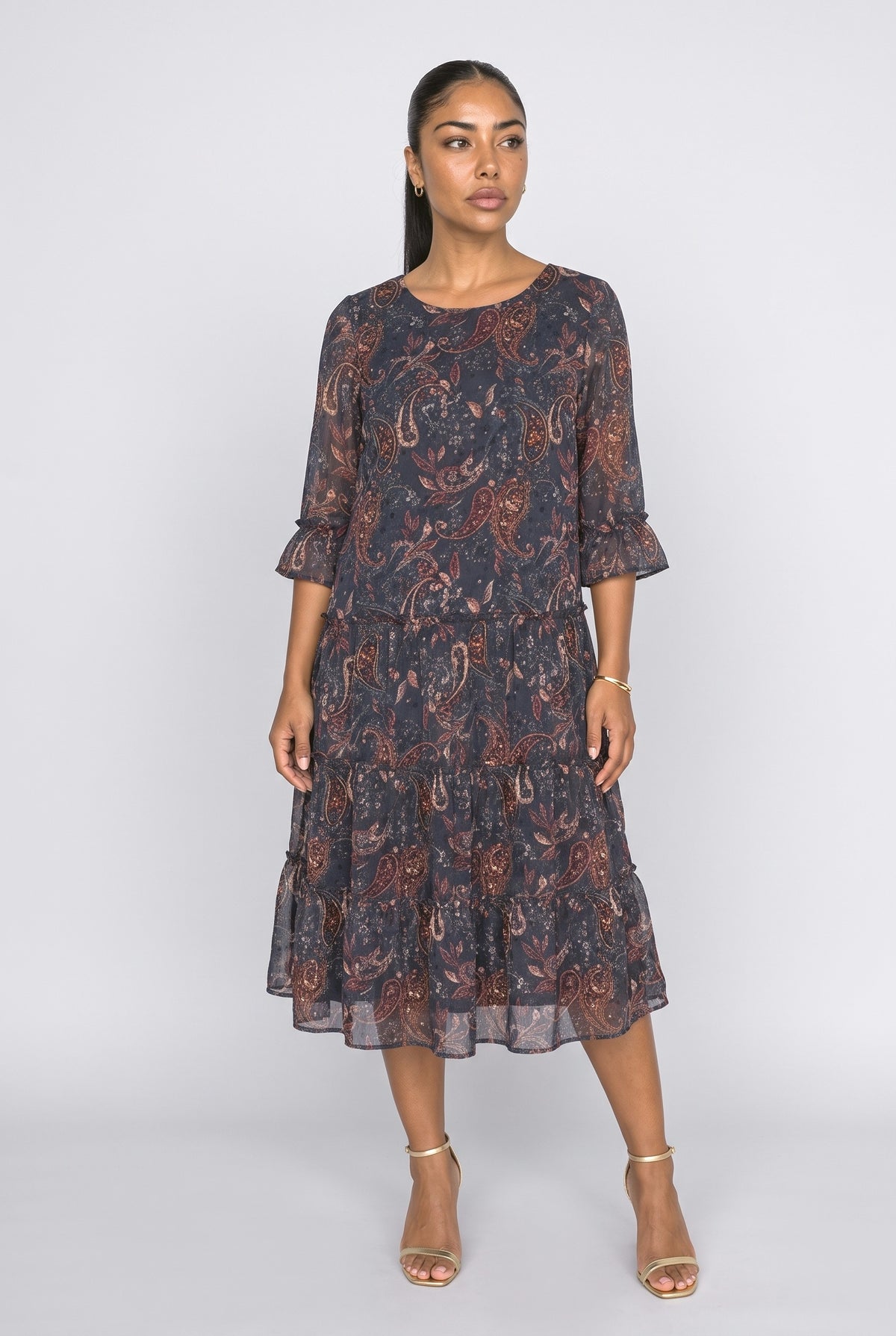 Chiffon Paisley Tiered Midi Dress