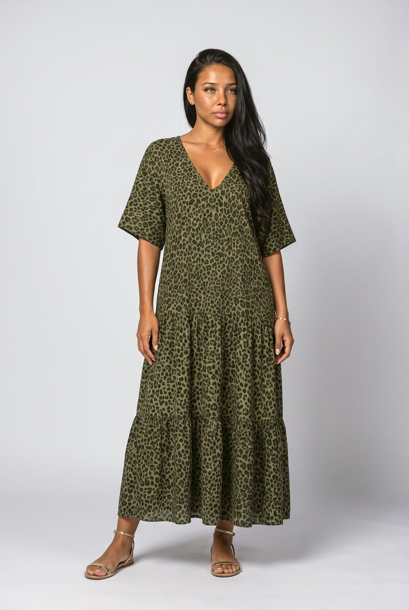 Green V-Neck Leopard Maxi Dress