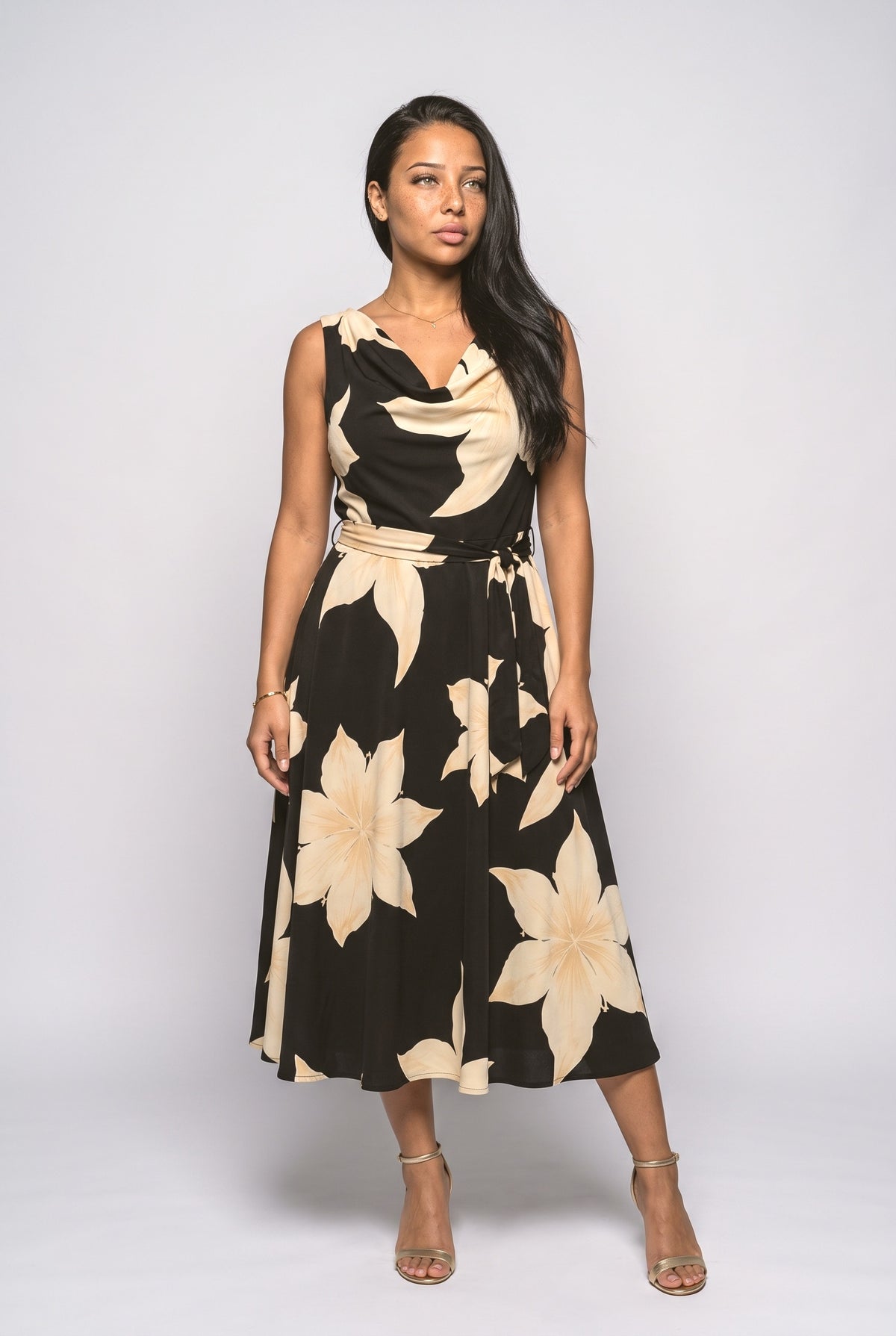 Cowl Neck Floral Sleeveless Midi Dress