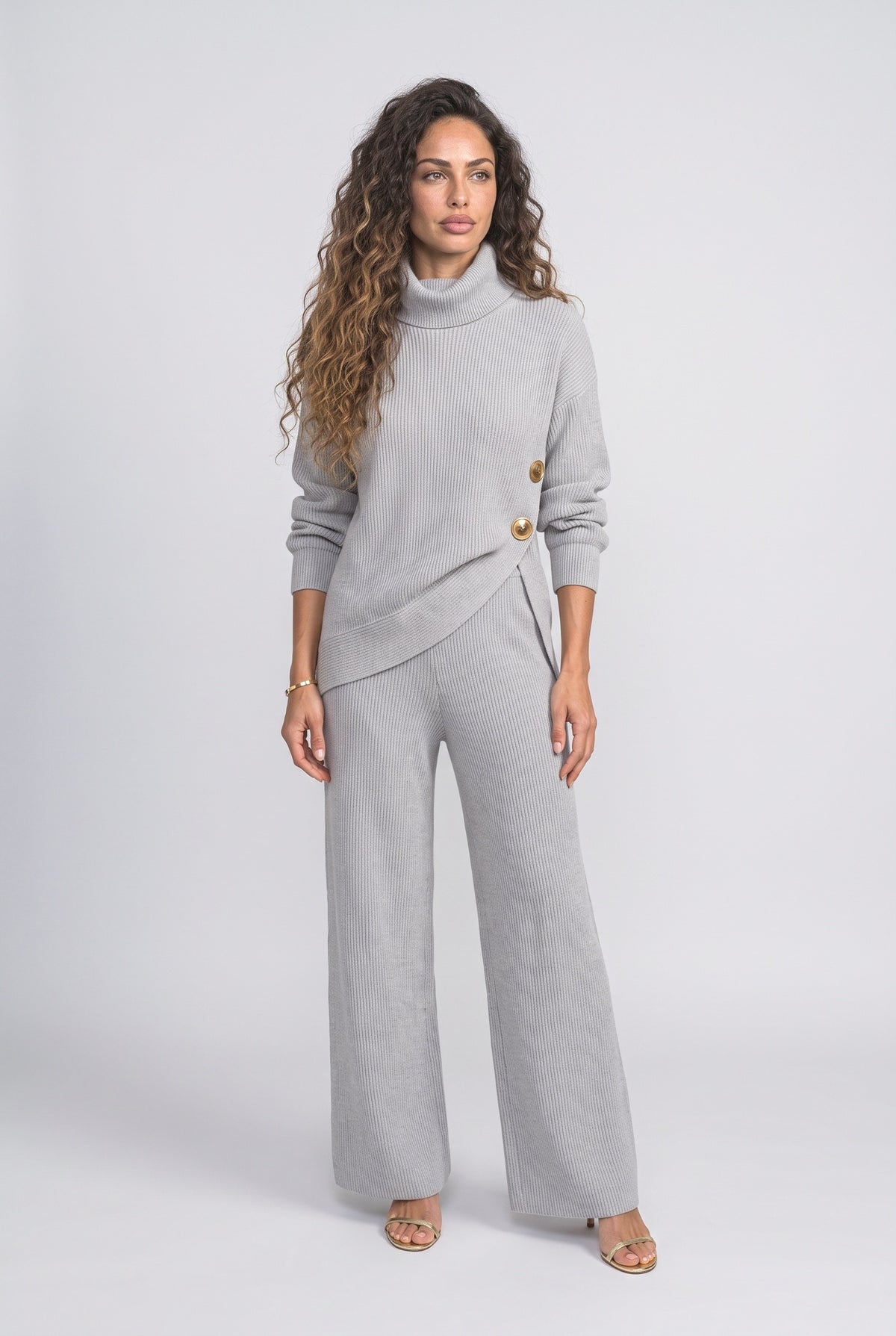 Gray Knit Turtleneck Lounge Set, Grey