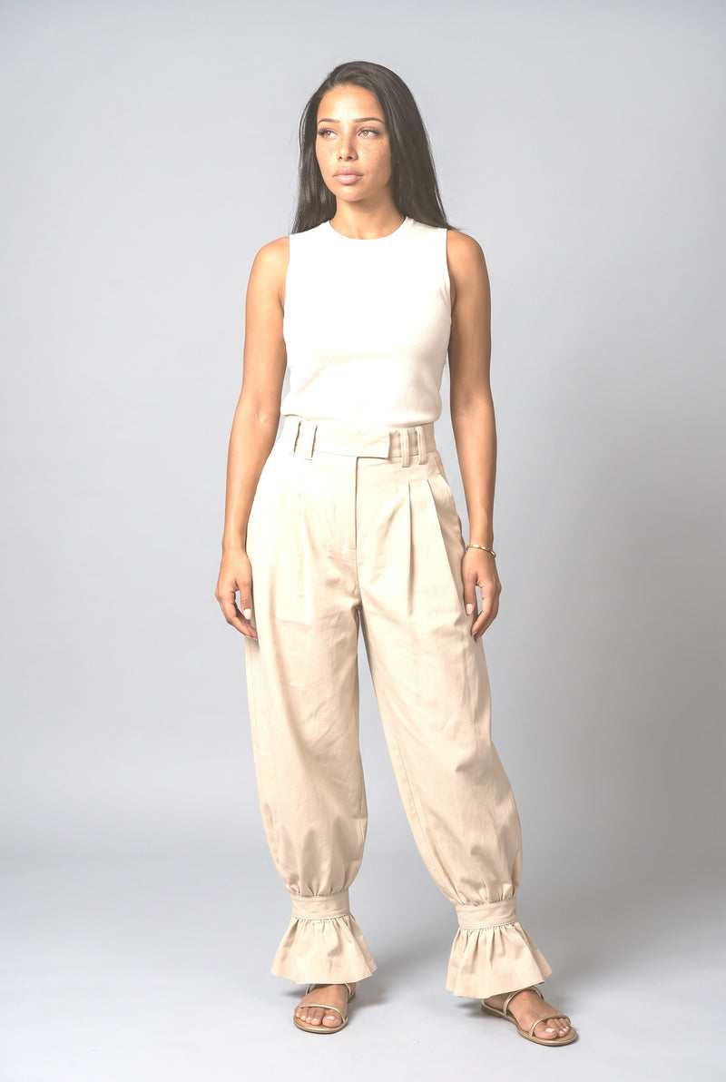 Beige Black Pleated Wide Leg Pants