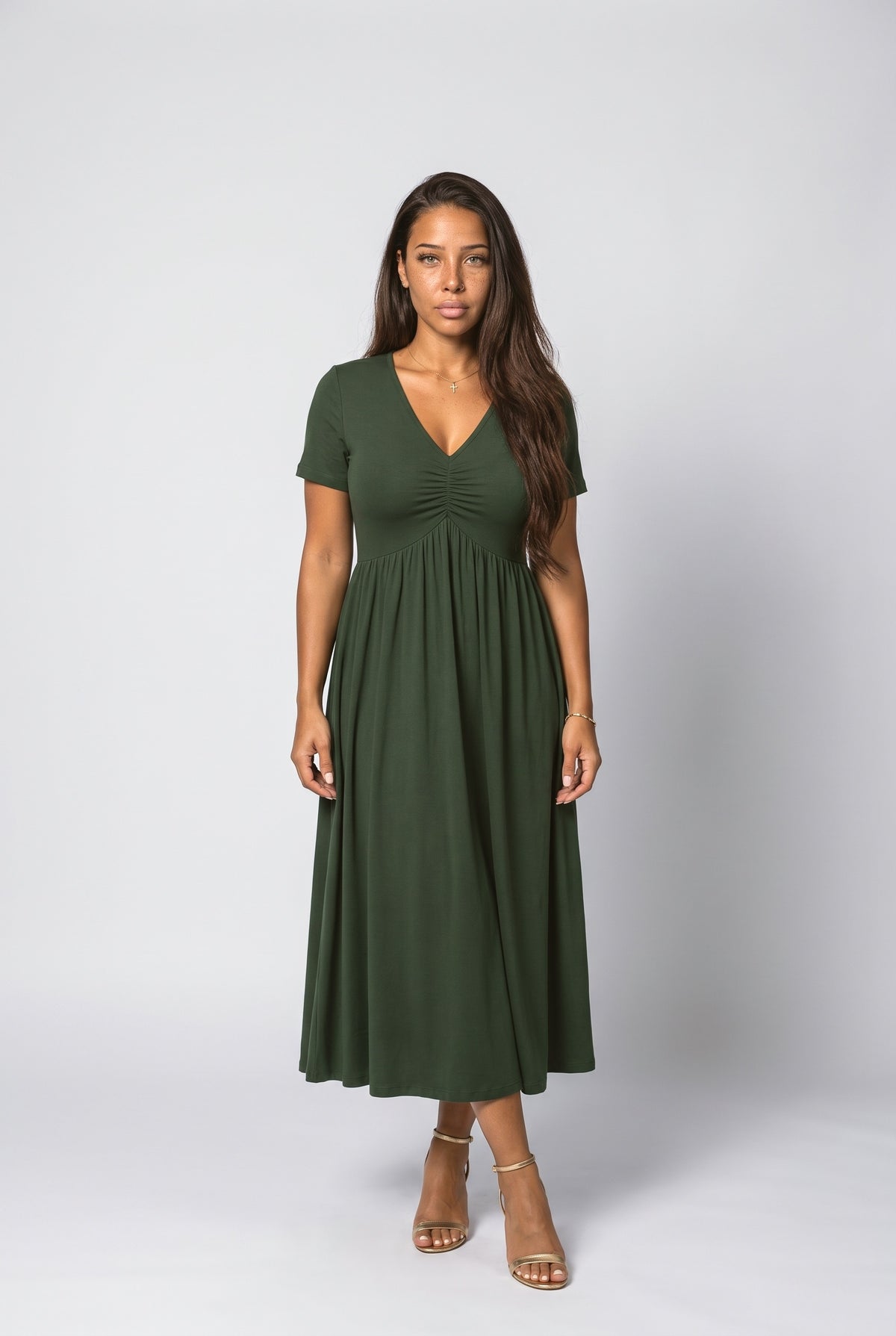 V-Neck Ruched Midi Dress