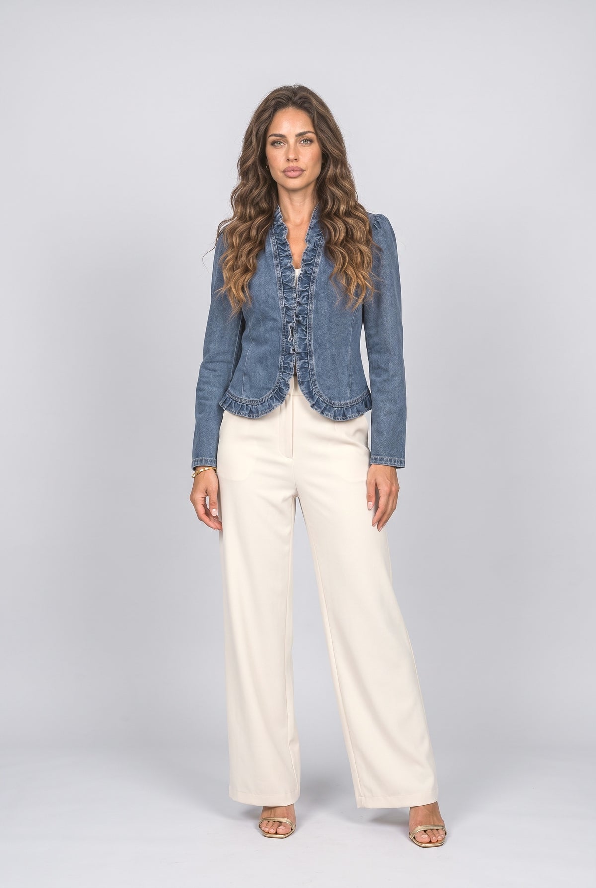 Blue Ruffle Denim Jacket, Blue