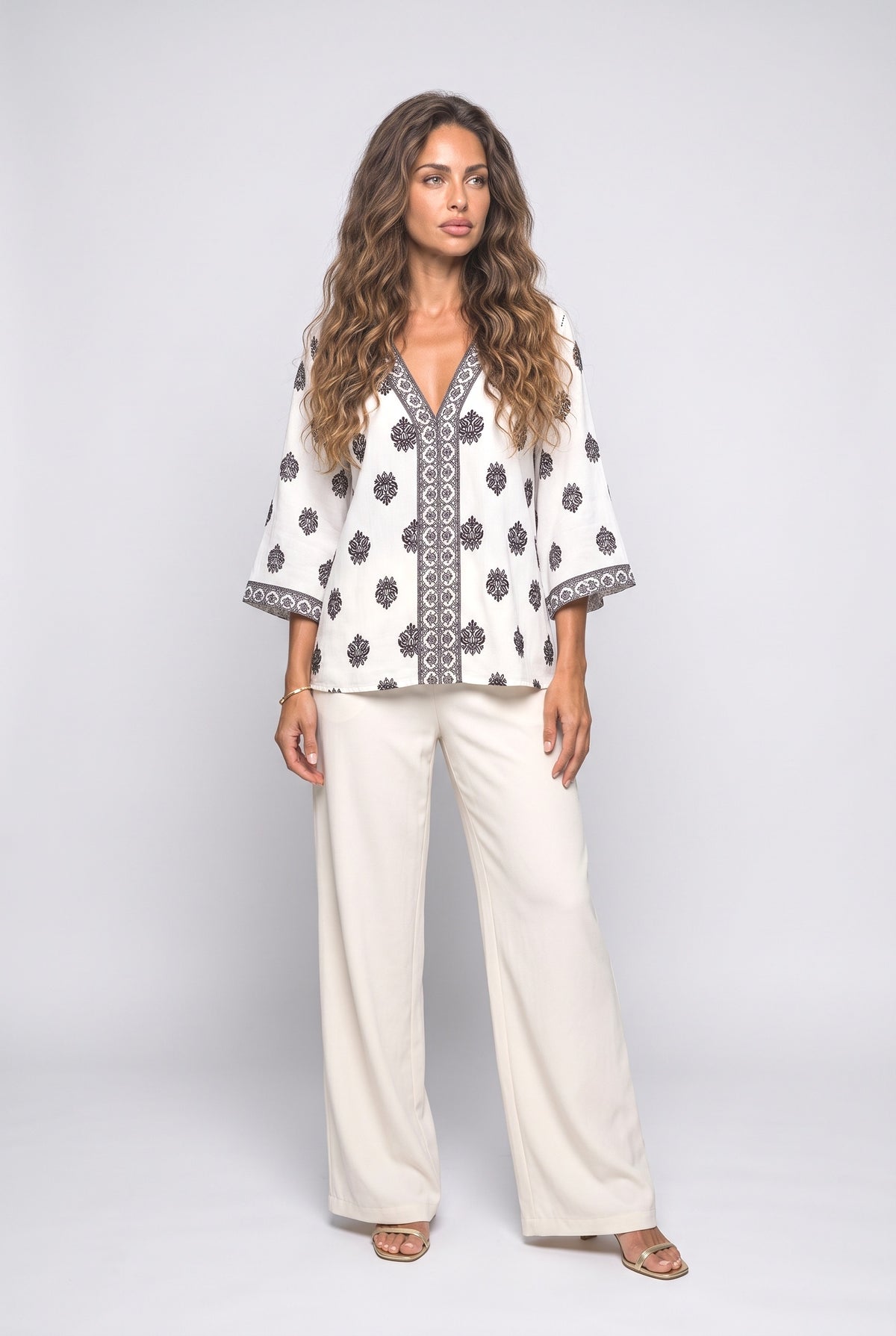 Orange V-Neck Blouse, Apricot