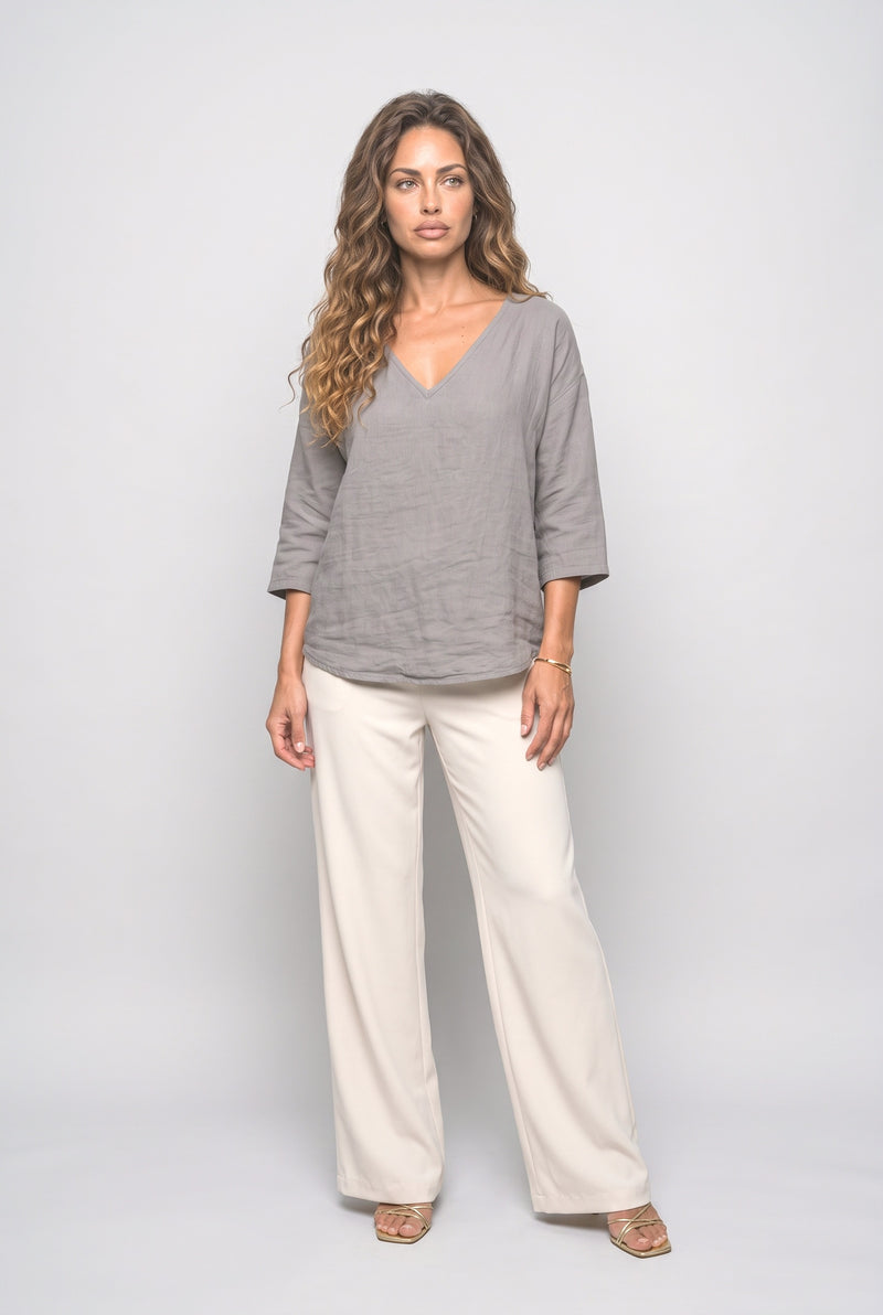 Gray V-Neck Relaxed Blouse