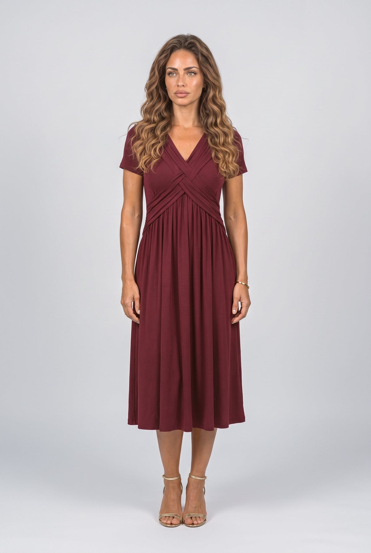 V-Neck Pleated Midi Dress