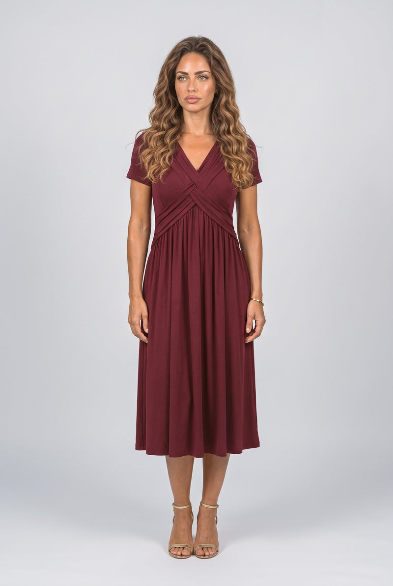 Burgundy V-Neck Pleated Midi Dress
