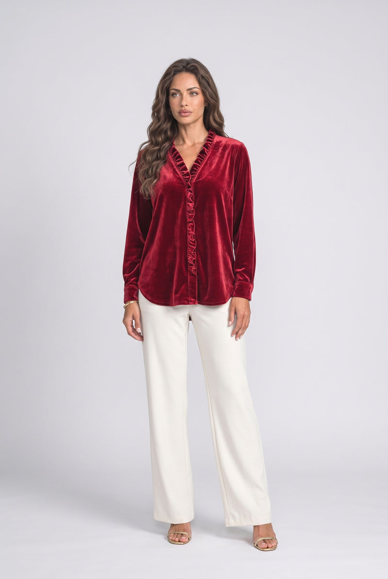 Velvet V-Neck Ruffle Blouse
