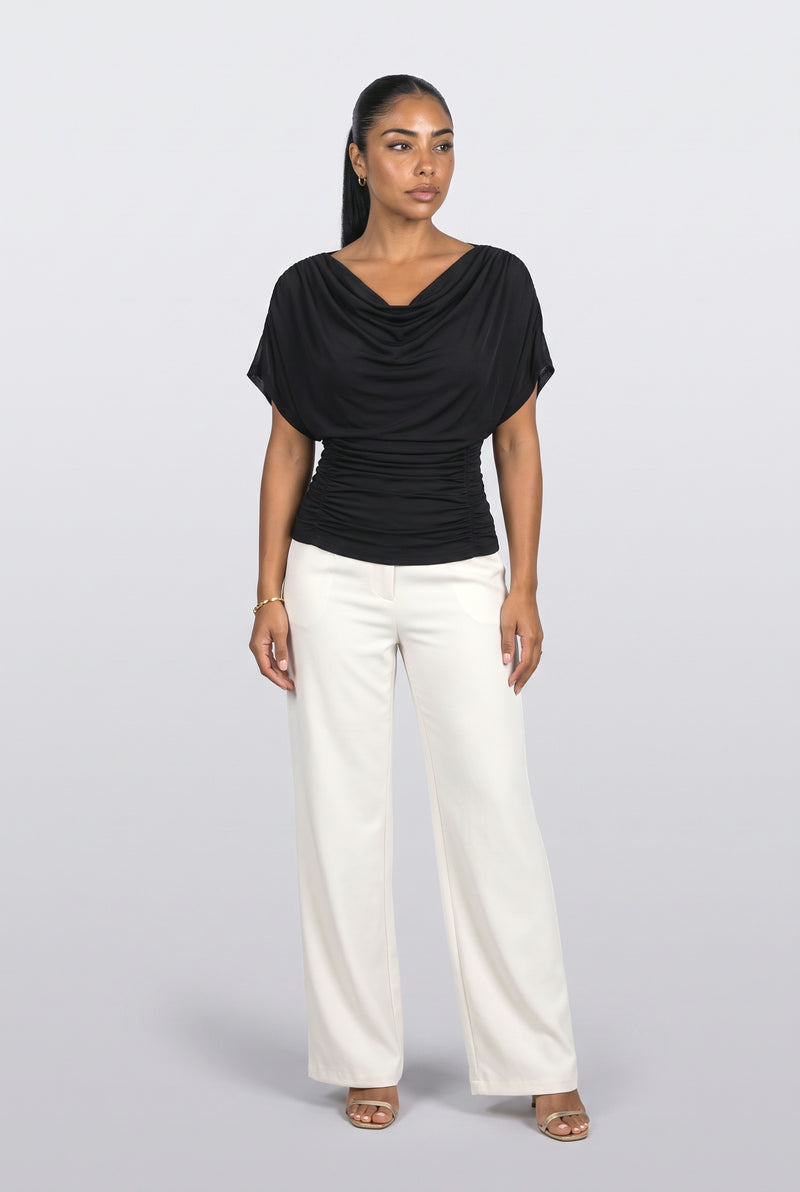 Cowl Neck Batwing Sleeve Ruched Blouse