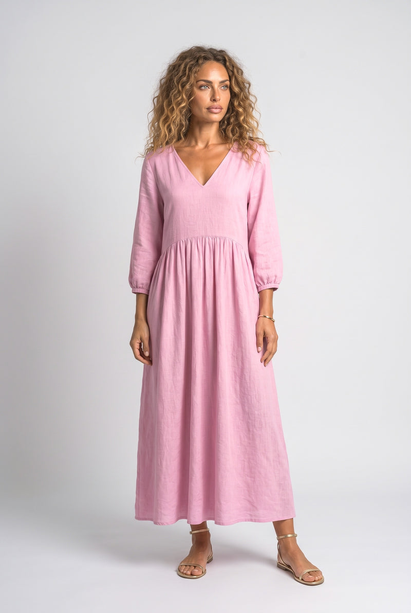 Linen V-Neck Pleated Maxi Dress
