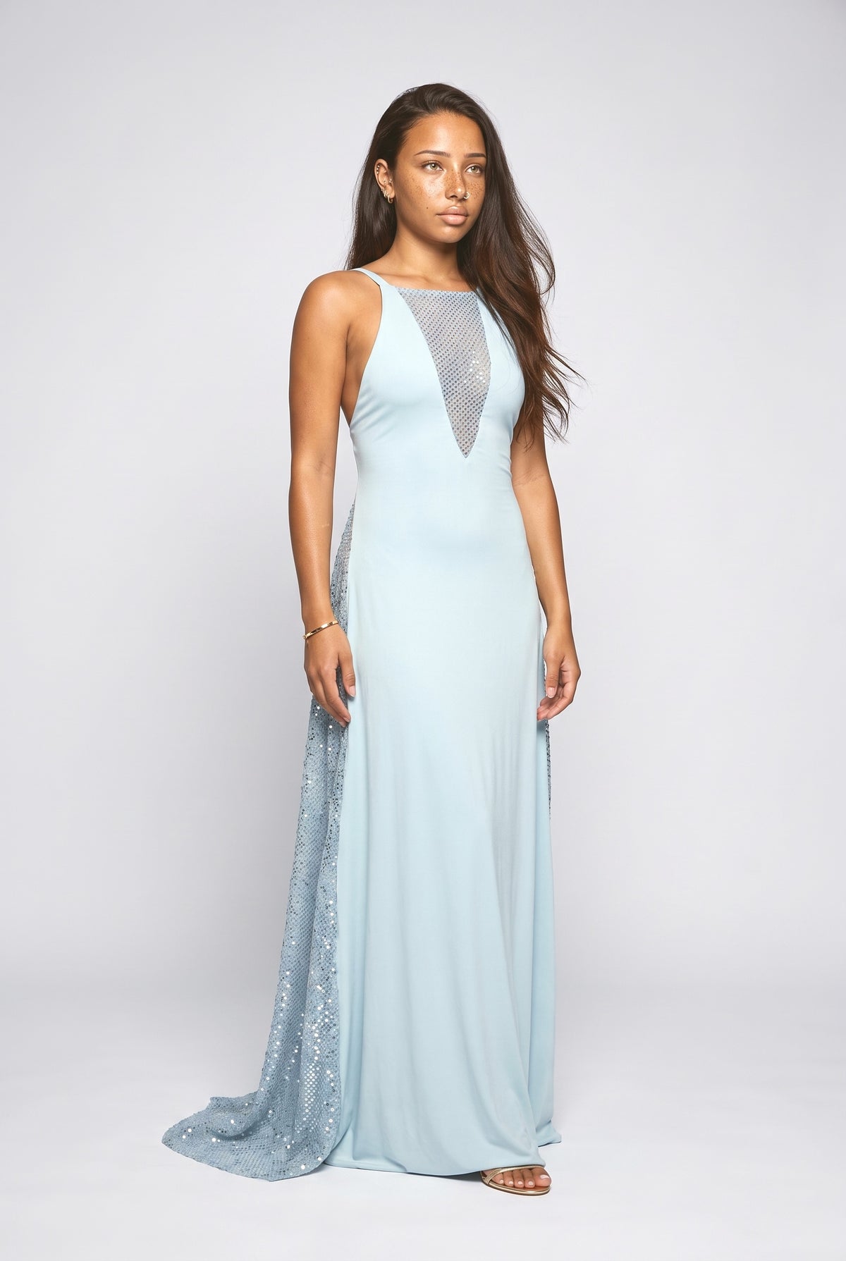Sequin Mesh Panel Maxi Dress