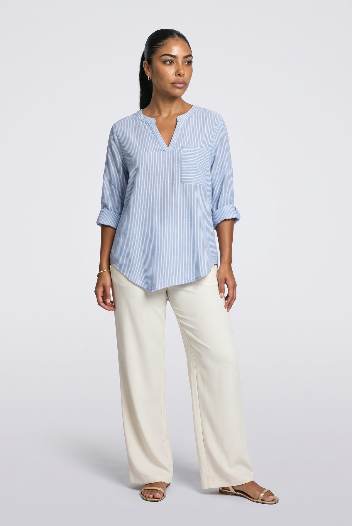 V-Neck Striped Asymmetric Blouse
