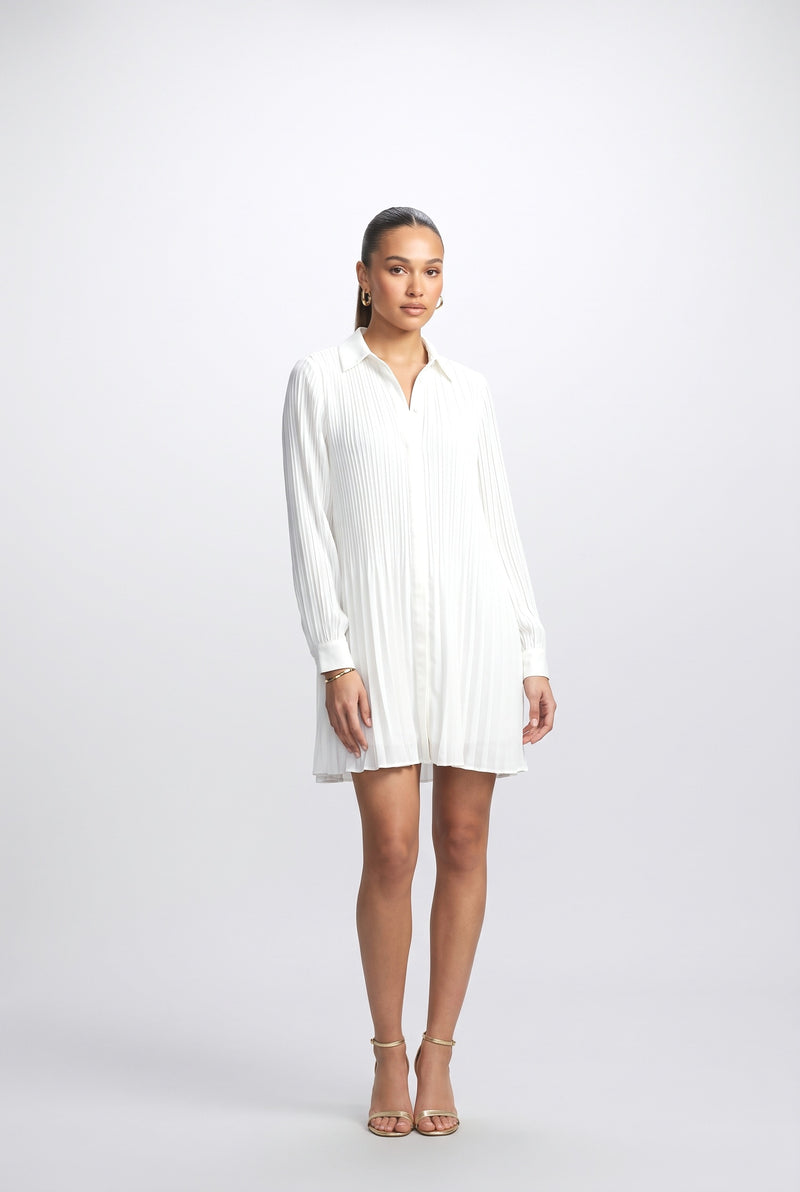 White Sky Blue Pleated Long Sleeve Dress