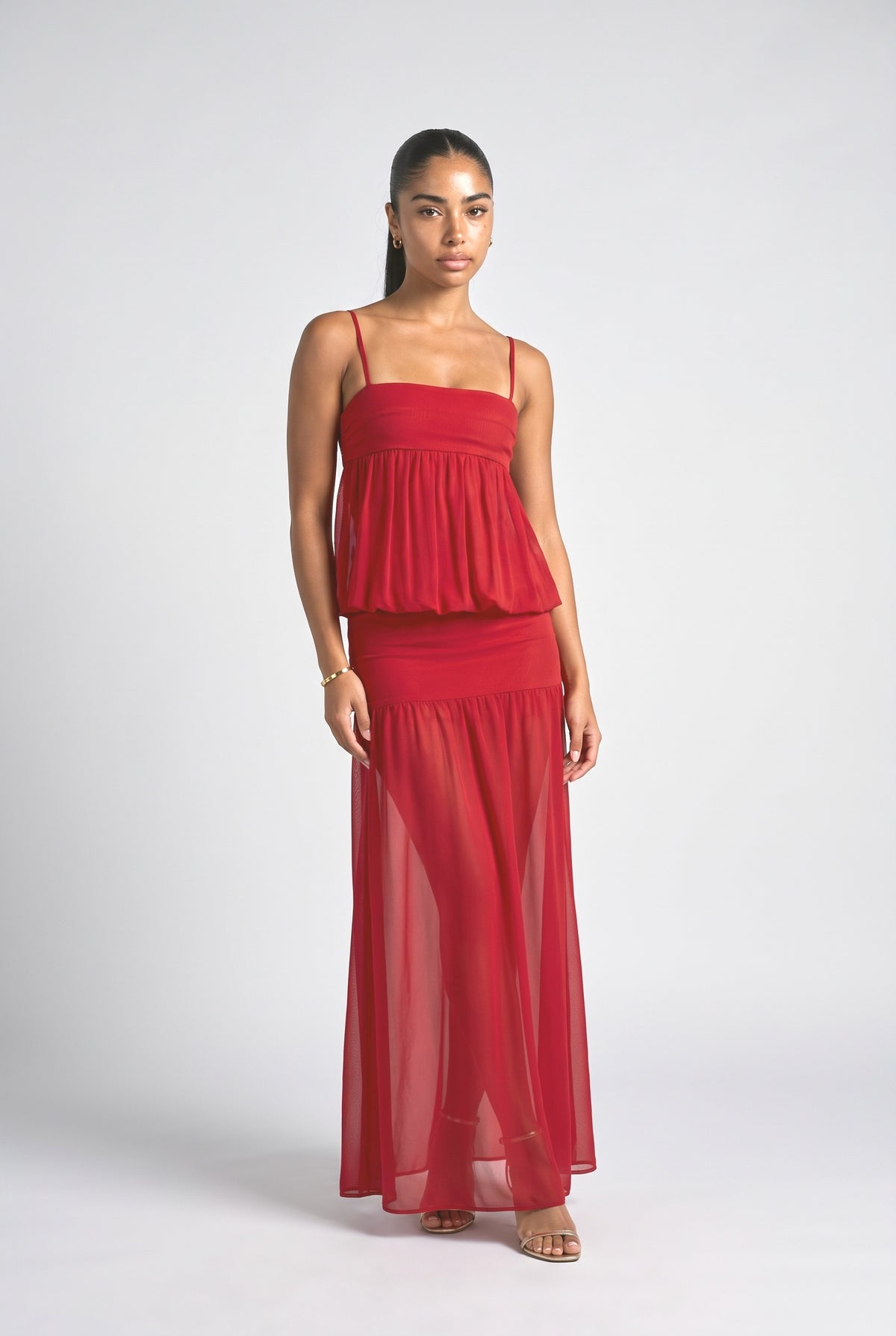 Red Strappy Ruffle Maxi Dress, Red