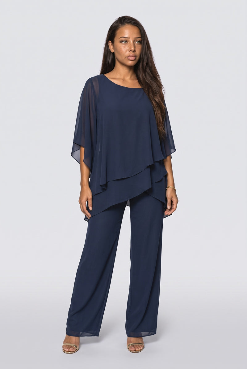 Deep Navy Chiffon Asymmetric Two Piece Outfit
