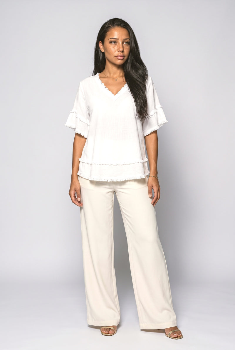 White V-Neck Fringe Blouse