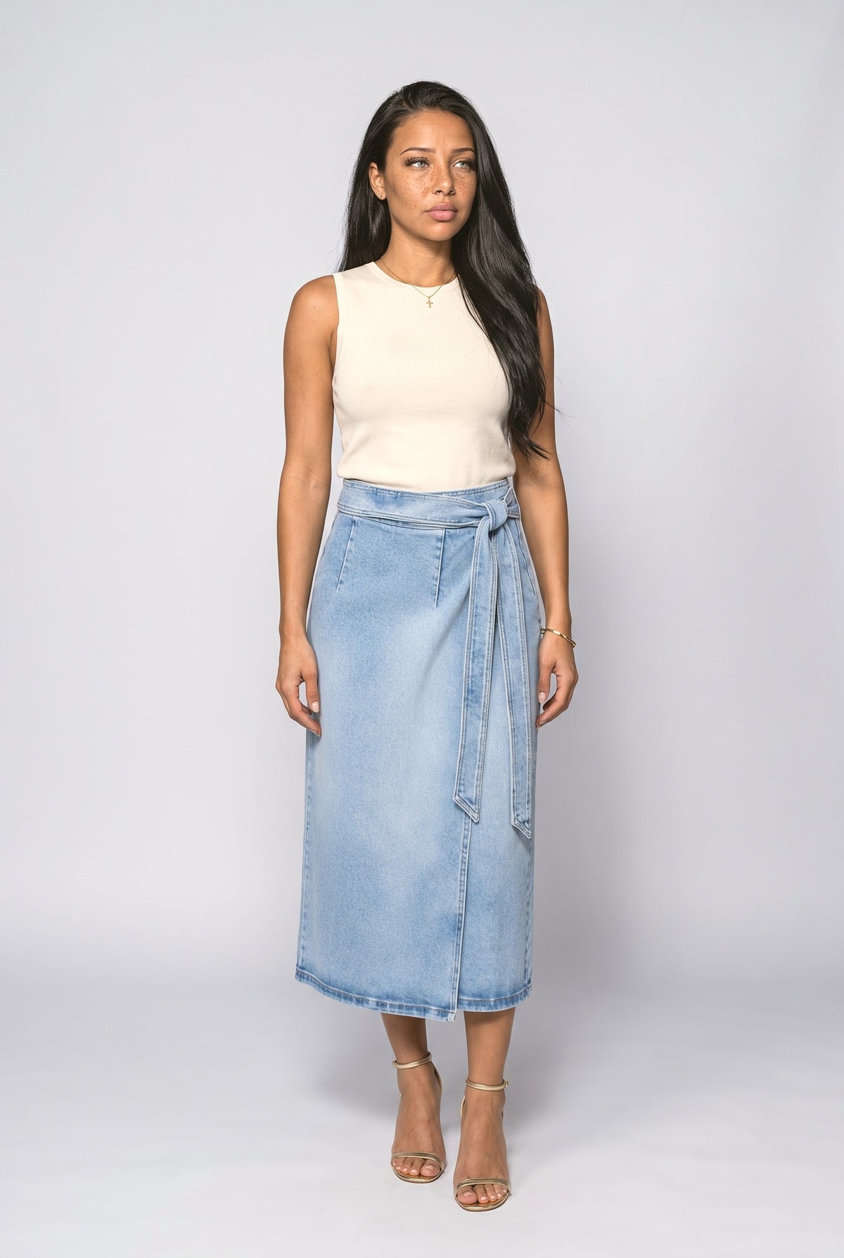 Denim Wrap Midi Skirt